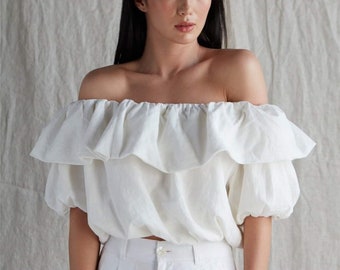 Off the Shoulder Ruffle Linen Top