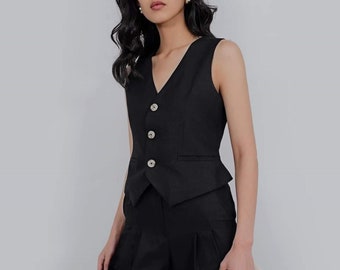 Linen Waistcoat - Women Linen Vest - Sleeveless Linen Top - Linen Set