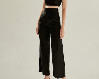 Slightly Tapered Linen Pants - High Waist Linen Trousers