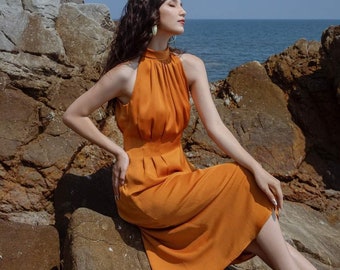 Robe midi en soie dos nu avec une robe en lin et sans manches - Robe midi à taille moulante