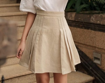 Pleated Linen Mini Skirt - A line Linen Skirt