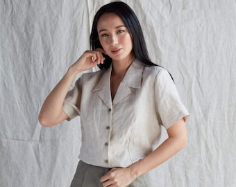 Short Sleeves Linen Blouse - Loose Linen Shirt with Notched Collar - Linen Set