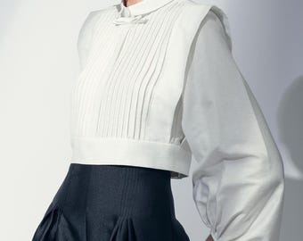 Linen Pleated Blouse – Long Sleeve Puff Shirt with Bow Collar - Elegant Linen Pintuck Top – Structured White Blouse for Women