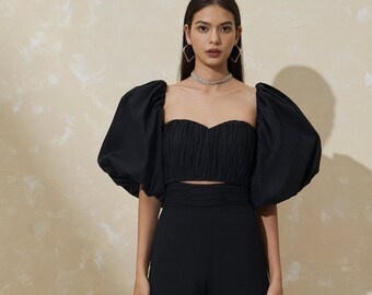 Puff Sleeves Crop Top with Puff Sleeves - Sweethear Crop Top