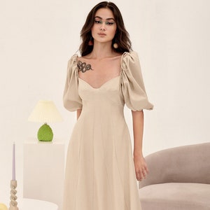 Puff Half Sleeve Loose Linen Midi Dress / Pleated Tea Length Dress / A Linen Wedding Guest Dress / Available in 50 Colors