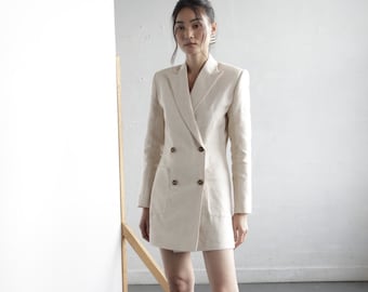 Blazer long croisé en lin - Veste de costume en lin pour femme - Blazer portefeuille en lin - Vêtements de travail pour femmes - Vêtements de bureau pour femmes