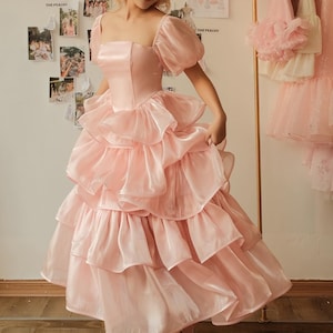 Puff Sleeve Organza Dress with Square Neck | Tiered Babydoll Party Dress | Flowy Sheer Princess Dress | Cute Cottagecore Style