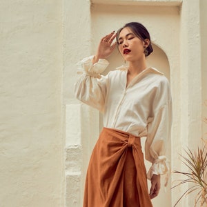 Oversized Linen Blouse with Long Ruffle Sleeves - Loose Linen Women Shirt with Circular Flounce Sleeve - Bishop Sleeves Peasant Top