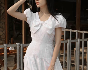 Puff Sleeve Midi Dress with Big Bow Front / A Line Linen Dress for Women / Tiered Midi Dress / Formal Summer Linen Dress