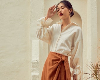 Oversized Linen Blouse with Long Ruffle Sleeves - Loose Linen Women Shirt with Circular Flounce Sleeve - Bishop Sleeves Peasant Top