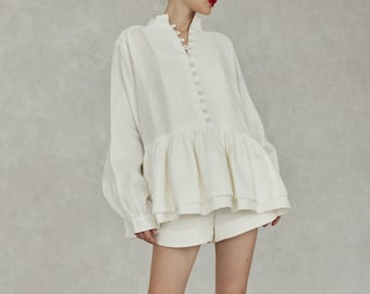 Linen Peplum Blouse with Rouleau Buttons, Long Puff Sleeve Victorian Style Shirt, Minimalist Summer Top for Women, Romantic Bridal Separates