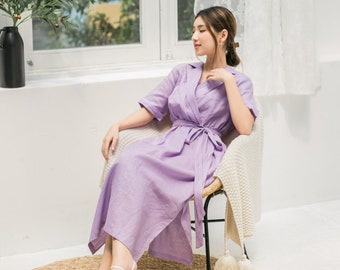 Lavender Linen Wrap Dress with Notched Lapel and Detachable Tie - Side Slit Linen MIDI / MAXI Dress with Back Elastic Waist and Side Pocket