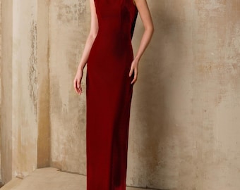 Elegant Velvet Maxi Dress with Draped Cowl Back - Vintage Boat Neck Evening Gown - Sexy Open Back Dark Red Party Dress - Formal Holiday Gown