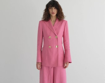 Blazer de lino para mujer con bolsillos - Conjunto de traje de lino - Blazer de doble botonadura de lino - Ropa de trabajo para mujer
