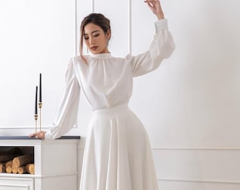 Zijden overhemd voor kantoor/zijden blouse met lange mouwen/witte zijden blouse/top met lange mouwen dames/zijden blouse met ronde hals/zijden overhemd voor kantoor/zijde