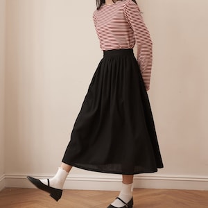 Loose Linen A-line Skirt - Black Linen Midi / Maxi Skirt with Back Elastic Waist - Edwardian Linen Skirt