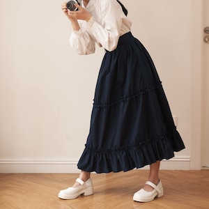 Frill Trim Tier Women Skirt - High Waisted A-line Skirt - Loose Linen MIDI / MAXI Skirt