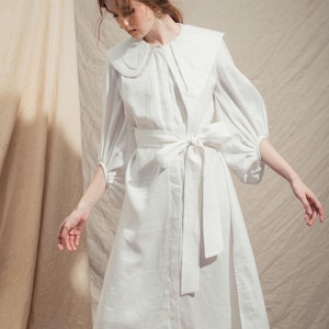 Linen Midi Dress with Belt and Peter Pan Collar – Romantic Puff Sleeve White Dress for Women | Elegant Long Sleeve Summer Shirt Dress