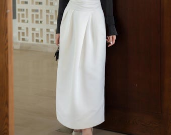 High Waisted Ruched Skirt, Ruched Corset Waist Midi Skirt for Women, Elegant White Pleated Evening Skirt, Formal Party Maxi Skirt