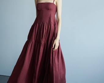 Linen Tiered Maxi Dress, Corset Bodice Cami Dress, Voluminous Full Skirt Gown, Feminine Aesthetic Dress, Square Neck Backless Tank Gown