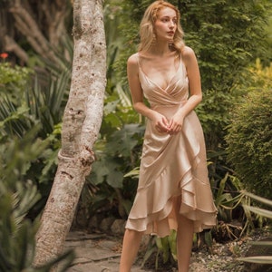 Ruffle Summer Dress for Women - Wedding Guest Midi Silk Dress with Sleeveless - Asymmetrical Midi Silk Dress