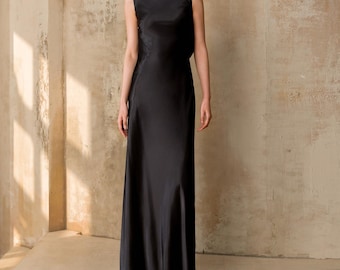 Minimalist Black Silk Maxi Dress - Cowl Back Evening Gown with Tie Detail - 90s Vintage Style Bias Cut Dress - Elegant Wedding Guest Dress