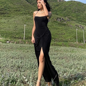 Vestido con escote cuadrado, vestido largo ajustado con espalda lazada y abertura alta, vestido de cóctel sin mangas, vestido largo de terciopelo negro