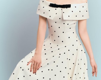 Off the Shoulder Polka Dot Tea Length Dress, Vintage Bardot Midi Gown with Black Bow, Retro 1950s Swing Dress, Elegant Bridal Shower Outfit