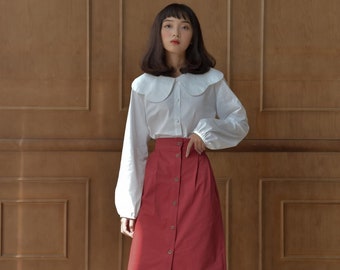 White Linen Blouse with Scallop Collar Neckline and Bishop Sleeves - Loose Linen Women Shirt- Available in 50 Colors