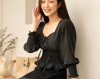 Puff Sleeves Silk Blouse - Long Sleeves Top