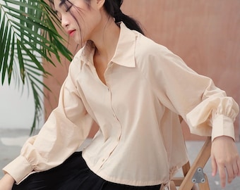 Women Linen Blouse - Loose Linen Long Sleeves Shirt - Bishop Sleeves Linen Shirt