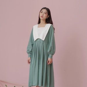 Women Linen MIDI / MAXI Dress with Long Sleeves and White Sailor Collar - Pleated Linen MIDI / MAXi Dress Chelsea Collar and Bishop Sleeves