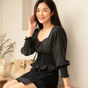 Puff Sleeves Silk Blouse - Long Sleeves Top