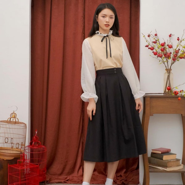 High Waisted Midi Linen Skirt in Black / Available in 50 Colors