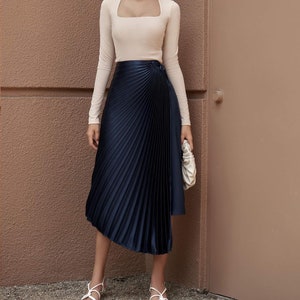 Asymmetrical Midi Silk Skirt with Pleated