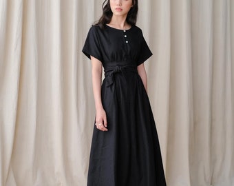 Short Sleeves Linen Dress in Midi Length / Summer Linen Dress / Linen Dress in Black / Available in 50 Colors