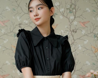 Black Cotton Poplin Blouse with Puff Sleeves and Pointed Collar - Loose Poplin Women Shirt - Available in 40 Colors