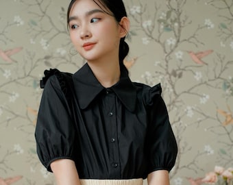 Black Cotton Poplin Blouse with Puff Sleeves and Pointed Collar - Loose Poplin Women Shirt - Available in 40 Colors