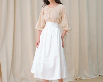 High Waisted Linen MIDI Skirt in White with Back Elastic - A-line Linen Skirt