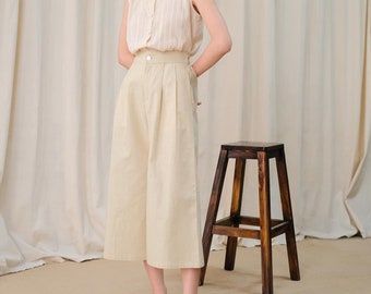 Beige Linen Wide Legs Pants - Women Linen Midi Pants - High Waist Pants with Side Pockets - Available in 50 Colors