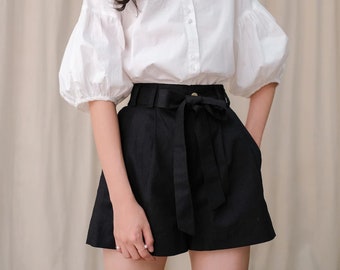 Linen Short in Black / Linen Set of 2: Blouse & Shorts / Available in 50 Colors