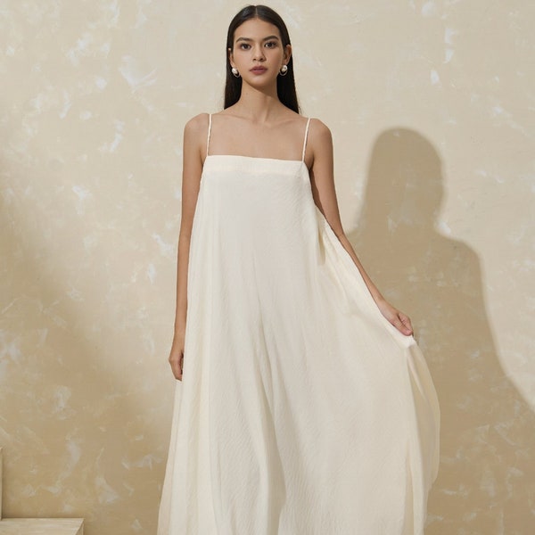 Dünnes Träger MAXI Seidenkleid mit ärmellosem und Eckigem Ausschnitt - Umstandskleid aus Seide - Hochzeitsgast Seide langes Kleid