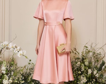 Vestido de seda hasta la rodilla, vestido midi con mangas acampanadas, elegante vestido de invitada de boda, elegante vestido de cóctel de corte A, vestido de fiesta vintage, vestido formal
