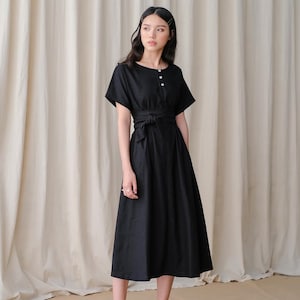 Short Sleeves Linen Dress in Midi Length / Summer Linen Dress / Linen Dress in Black / Available in 50 Colors