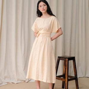 Lockeres Leinenkleid in Midi-Länge / Formelles Leinenkleid in Beige / Erhältlich in 50 Farben