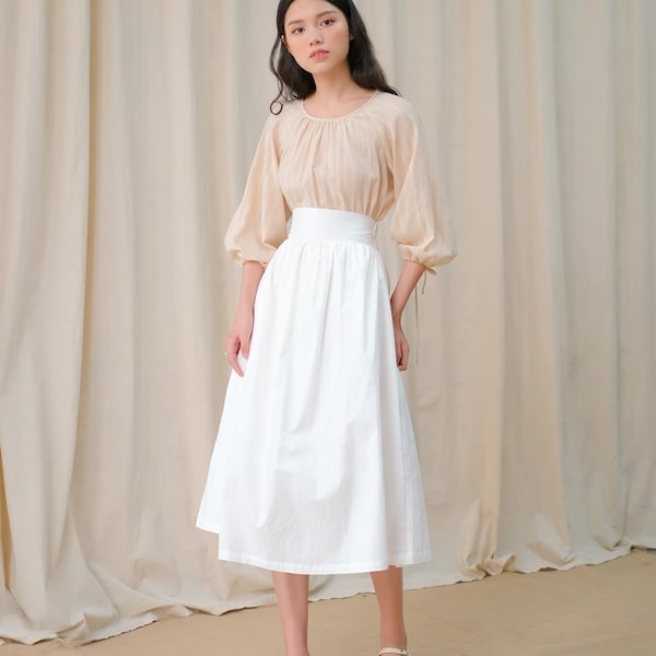 High Waisted Linen MIDI Skirt in White with Back Elastic - A-line Linen Skirt