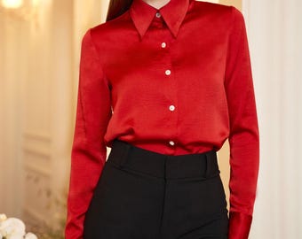 Women’s Silk Button-Up Shirt - Loose Fit Collared Blouse - Formal Office Top - Soft and Elegant Silk Shirt - Elegant Silk Top