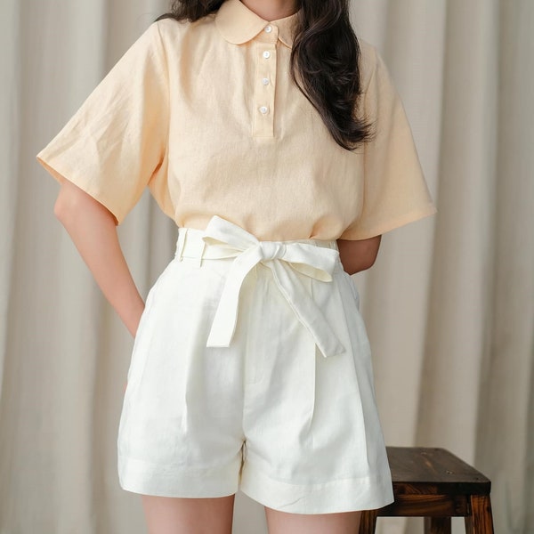 Loose Front Pleated Linen Shorts with Tie / Available in 50 Colors