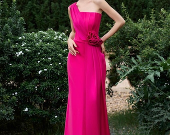 Silk Evening Corset Dress, One Shoulder Maxi Dress, Elegant Column Gown Women, Minimalist Formal Dress, Party Dress with Floral Waist Detail
