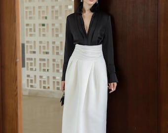 High Waisted Ruched Maxi Skirt - Elegant Floor Length Formal Skirt - Black/White Silk Column Skirt - Modern Evening Long Skirt